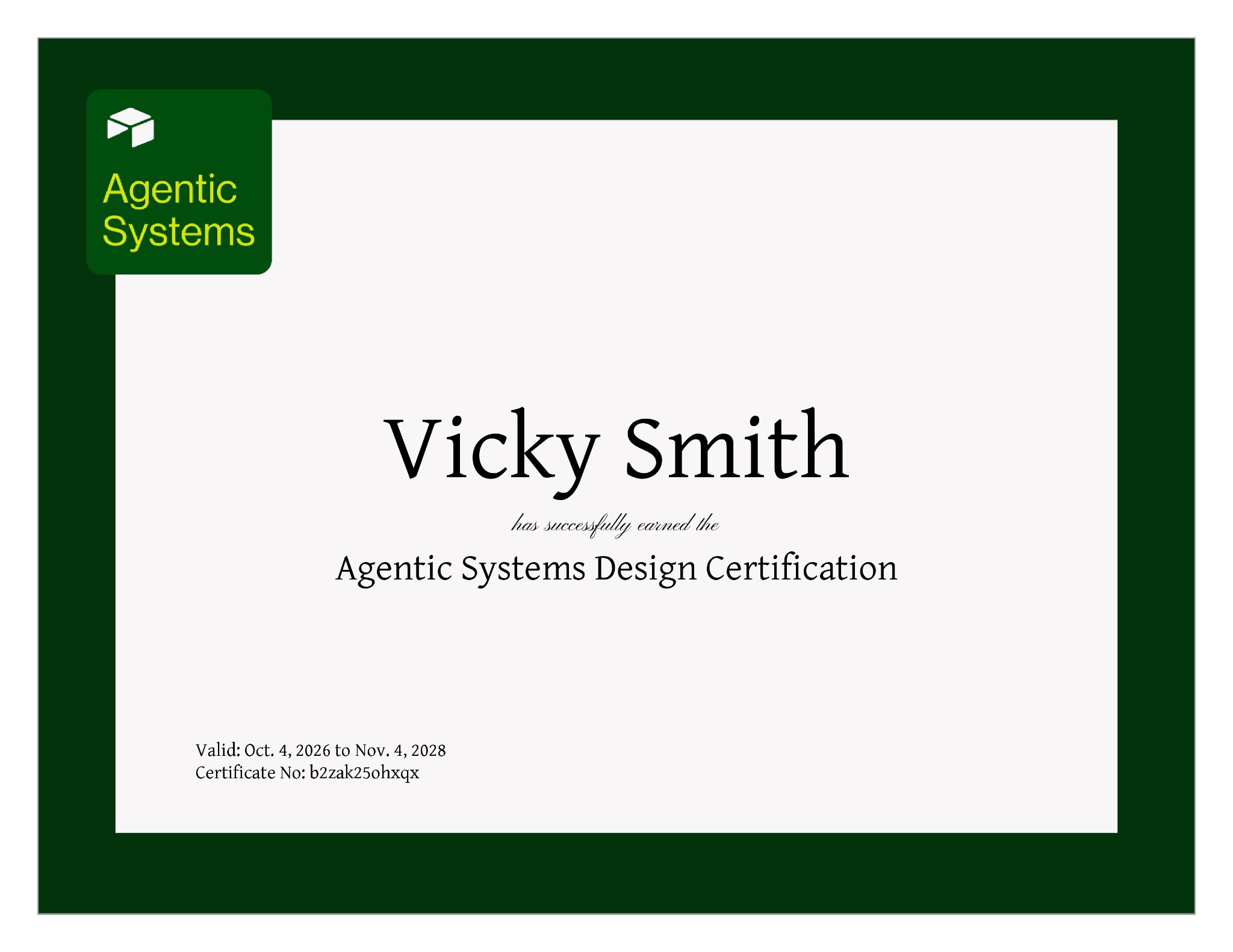 Airtable Agentic Systems Design Certification awarded to Vicky Smith, valid October 4, 2026 through November 4, 2028